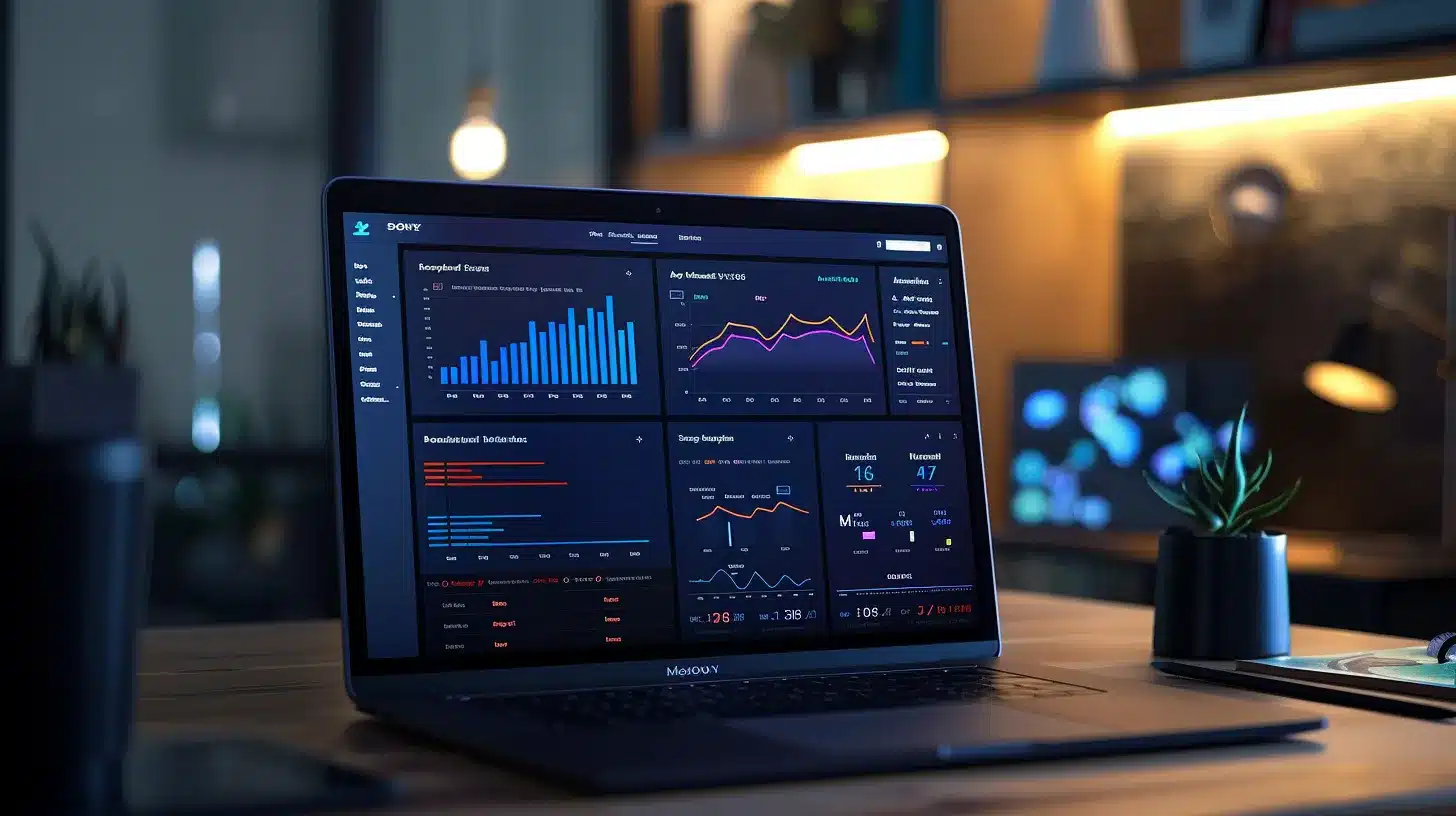 a sleek laptop displays a vibrant wordpress dashboard on a modern desk, surrounded by glowing graphs and charts that symbolize the dynamic efficiency and security enhancement of monthly maintenance packages.