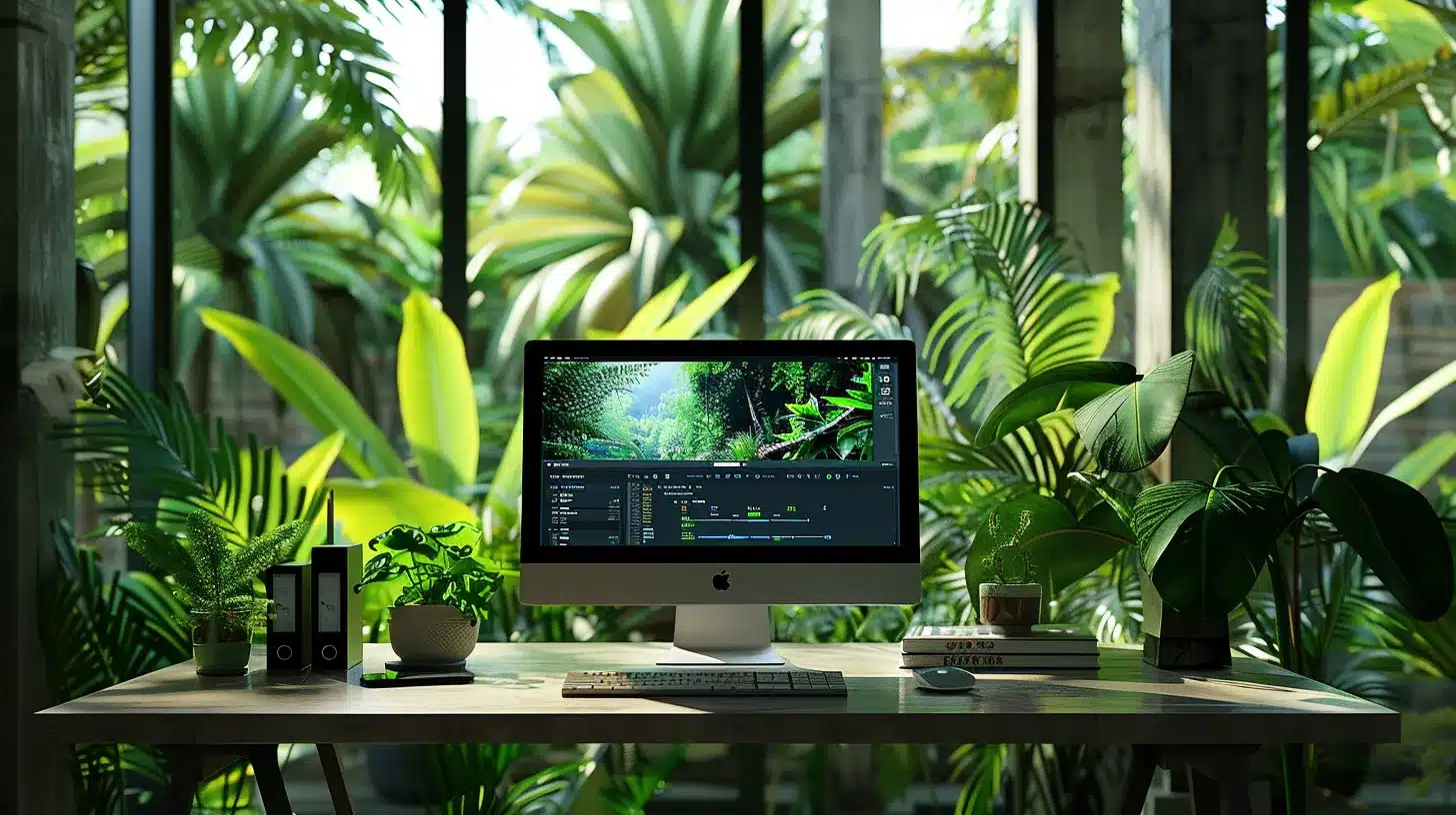 a sleek, modern workspace showcases a high-resolution computer screen displaying a wordpress dashboard, surrounded by vibrant greenery, emphasizing the importance of digital security and performance optimization in website maintenance.