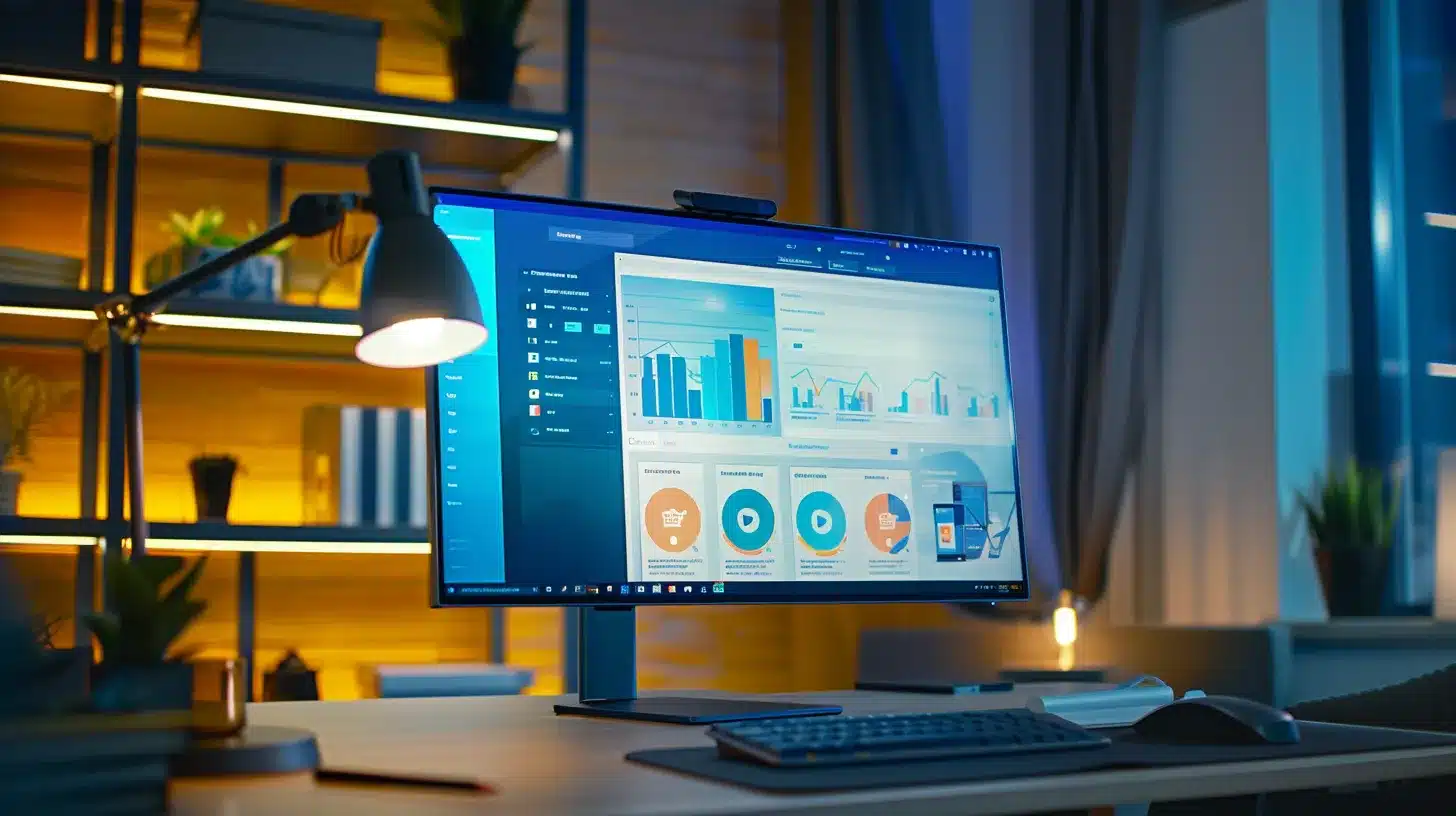 a vibrant e-commerce website displayed on a computer screen, showcasing a sleek, modern design with enhanced functionality and security features, set against a clean, professional office background illuminated by soft, natural light.