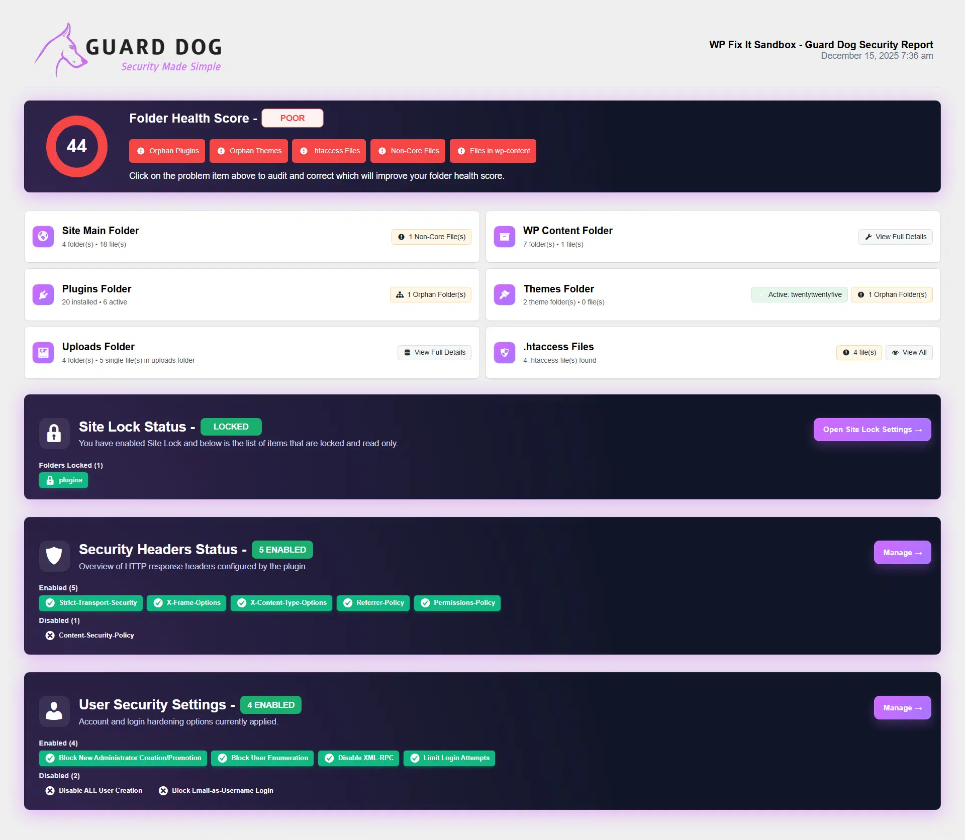 Guard Dog Security Plugin 23 screencapture test wpfixithosting wp content plugins folder auditor includes helpers reports Guard Dog Security Report html 2025 12 15 07 37 09