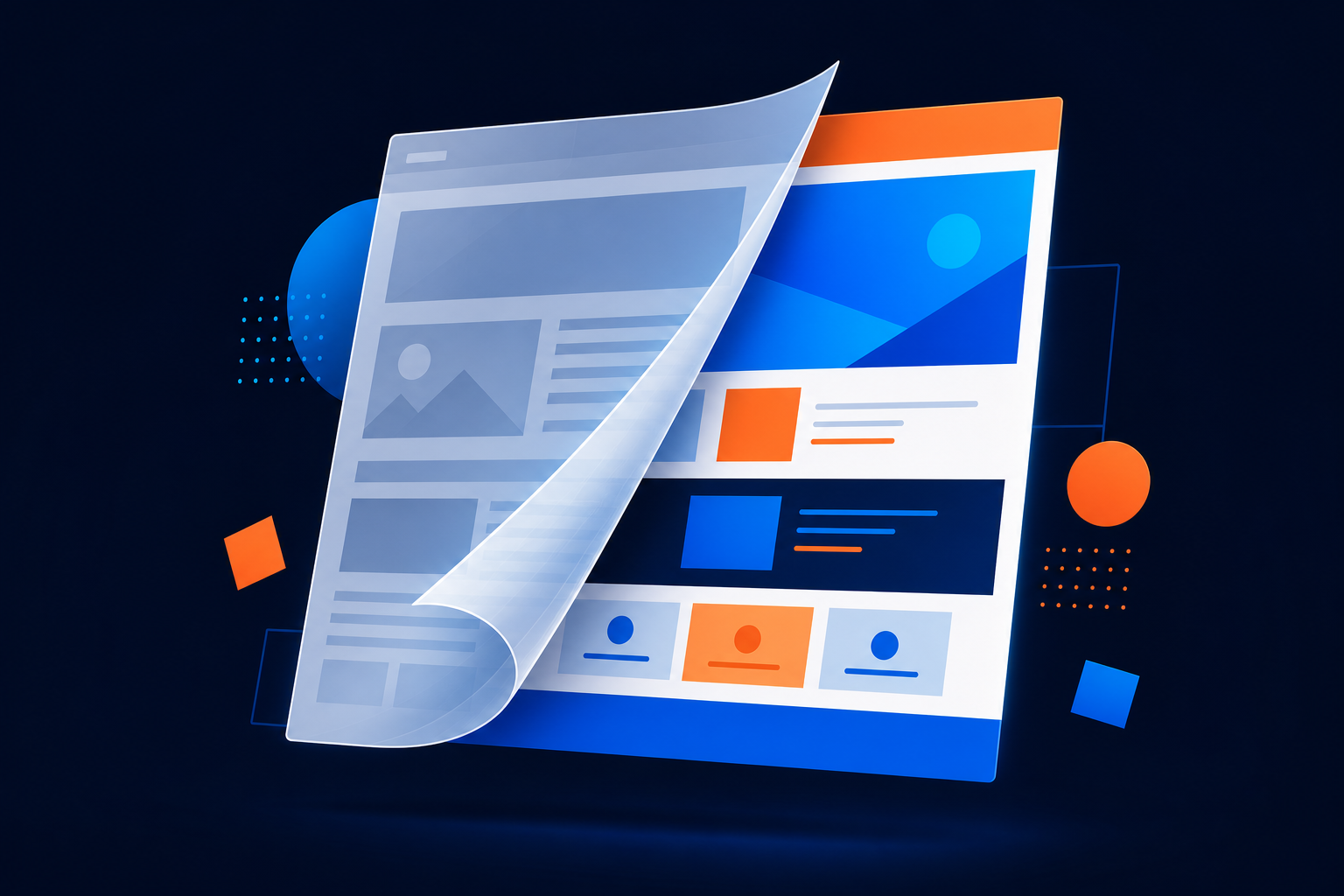 Layered web page showing an old design cache being replaced by a fresh Elementor layout