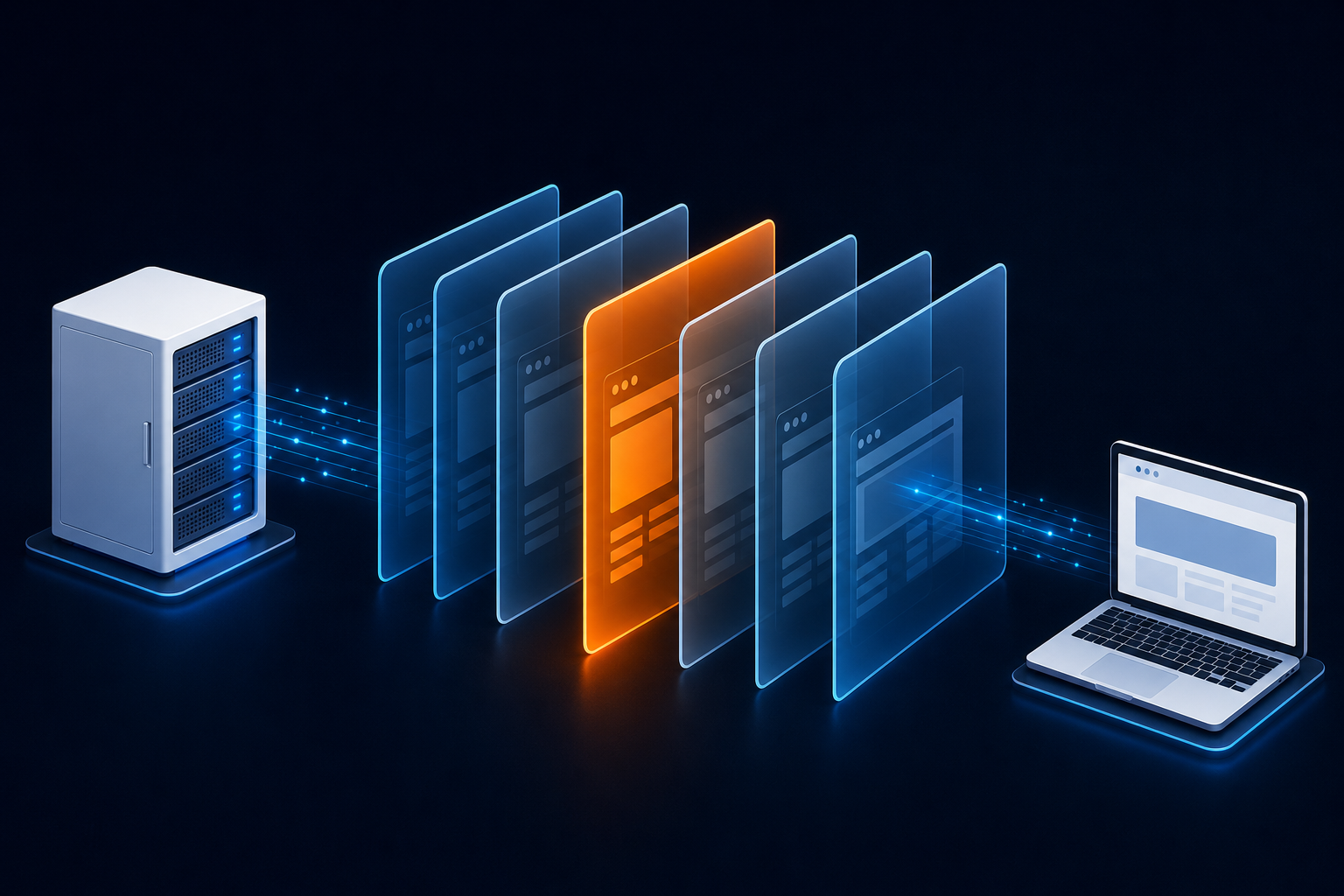 Elementor Cache Problem: 7 Safe Ways to Show Your Latest Design 1 Stacked browser, server, and CDN layers illustrating a stale cached page