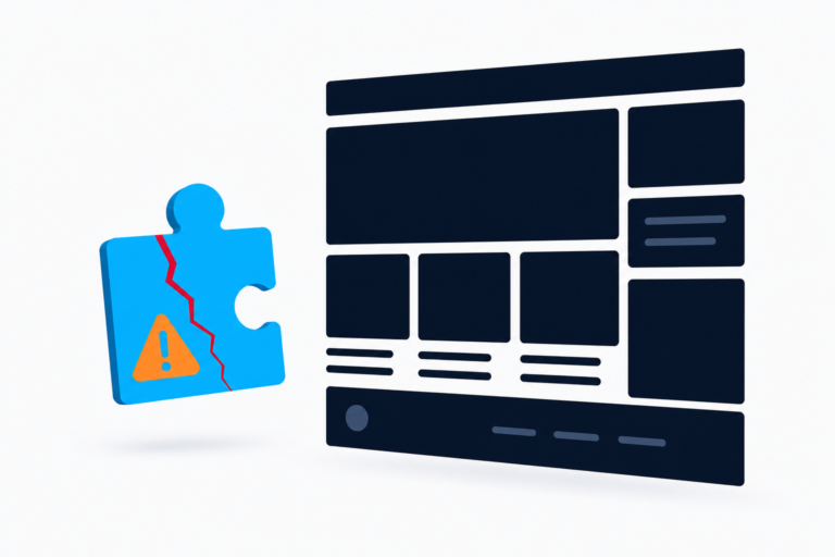 Fatal Error in a WordPress Plugin: 8 Safe Steps to Find the Cause 2 Cracked plugin component with a warning symbol beside a website structure
