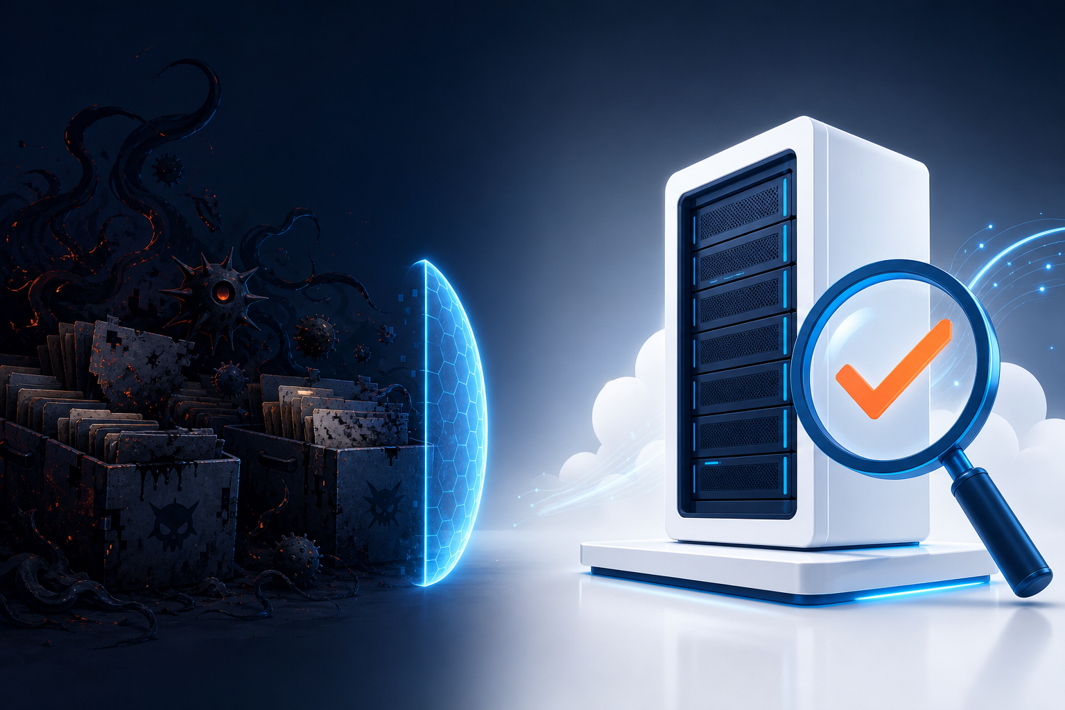 Fix a Hacked WordPress Website: 9 Safe Recovery Steps 2 Clean website server being verified beside an isolated infected archive