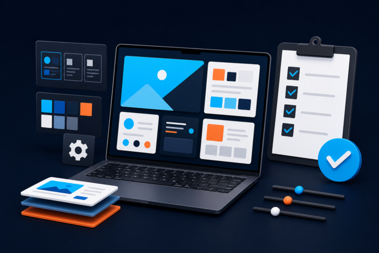 Laptop and checklist representing WordPress theme evaluation