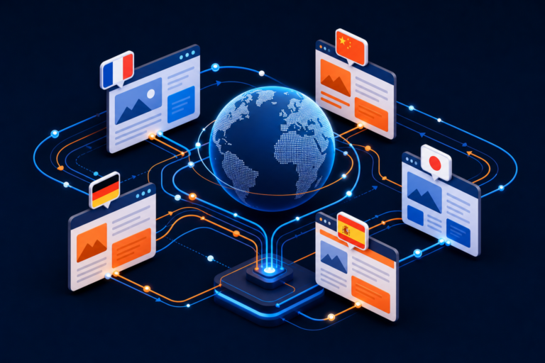 Connected multilingual website pages representing canonical and hreflang relationships