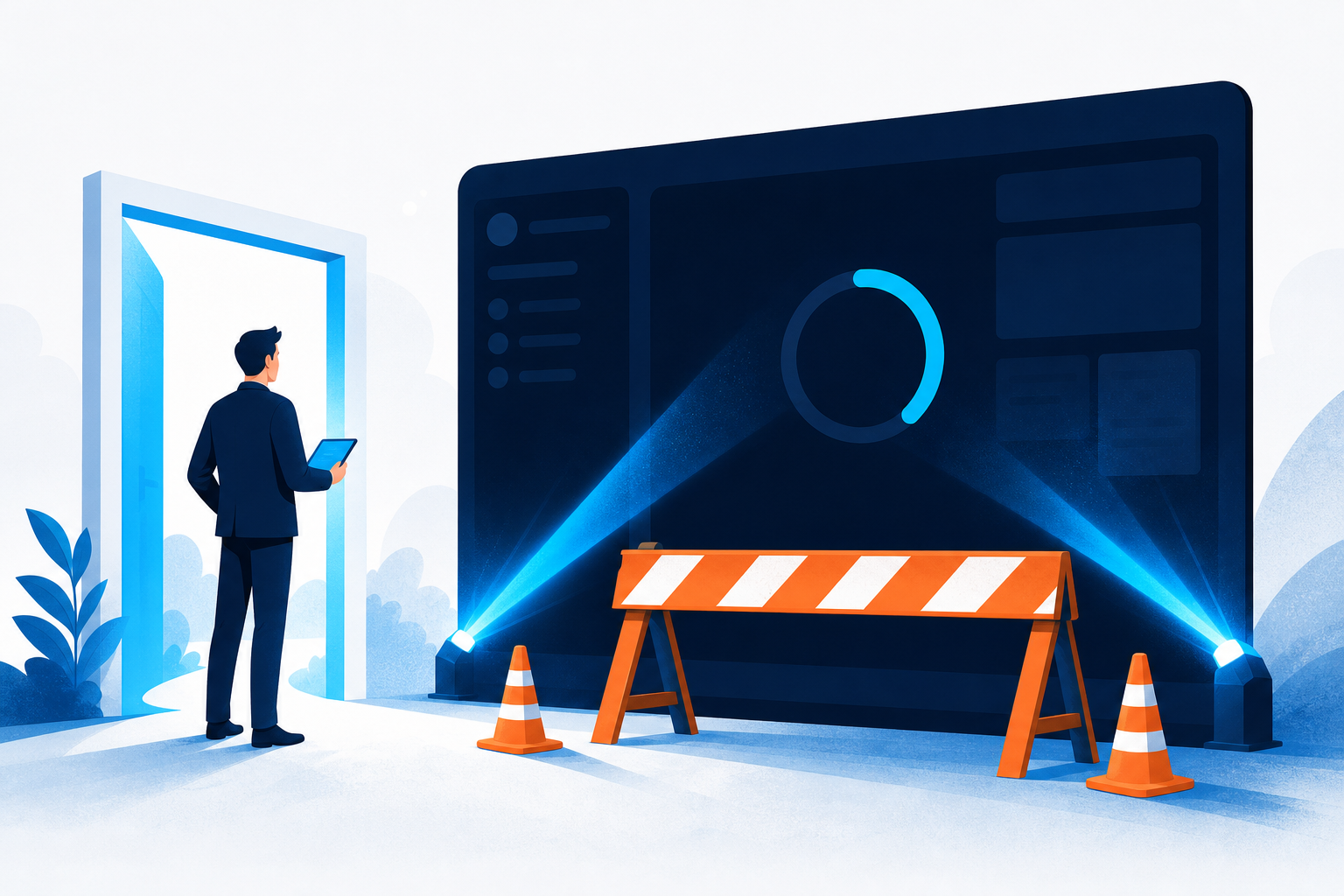 Frozen WordPress dashboard panel with a loading indicator and warning barrier