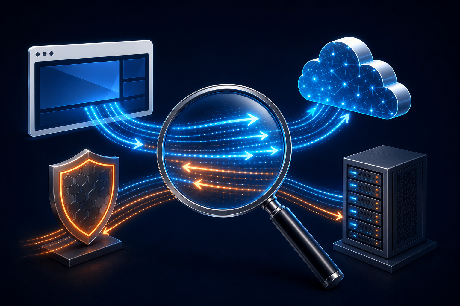 Magnifying glass examining request paths between a website firewall and origin server