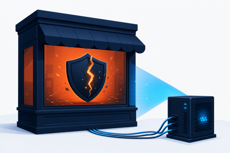WordPress Site Has Been Hacked? A Safe First-Response Plan 1 Cracked security shield beside a compromised website server