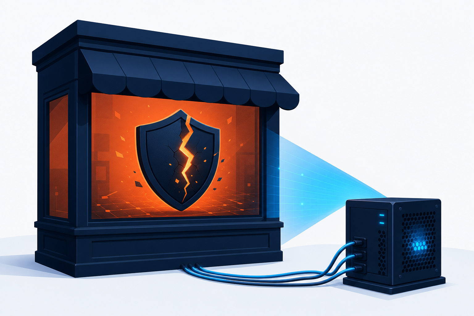 Cracked security shield beside a compromised website server