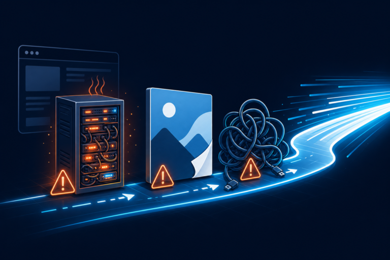 Illustration of a website slowed by server, image, and connection bottlenecks