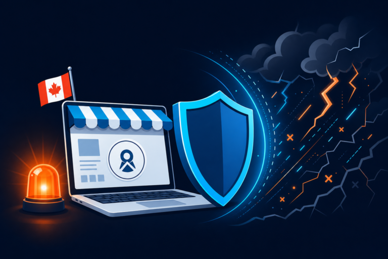 Laptop site protected by an emergency beacon and shield during a WordPress outage