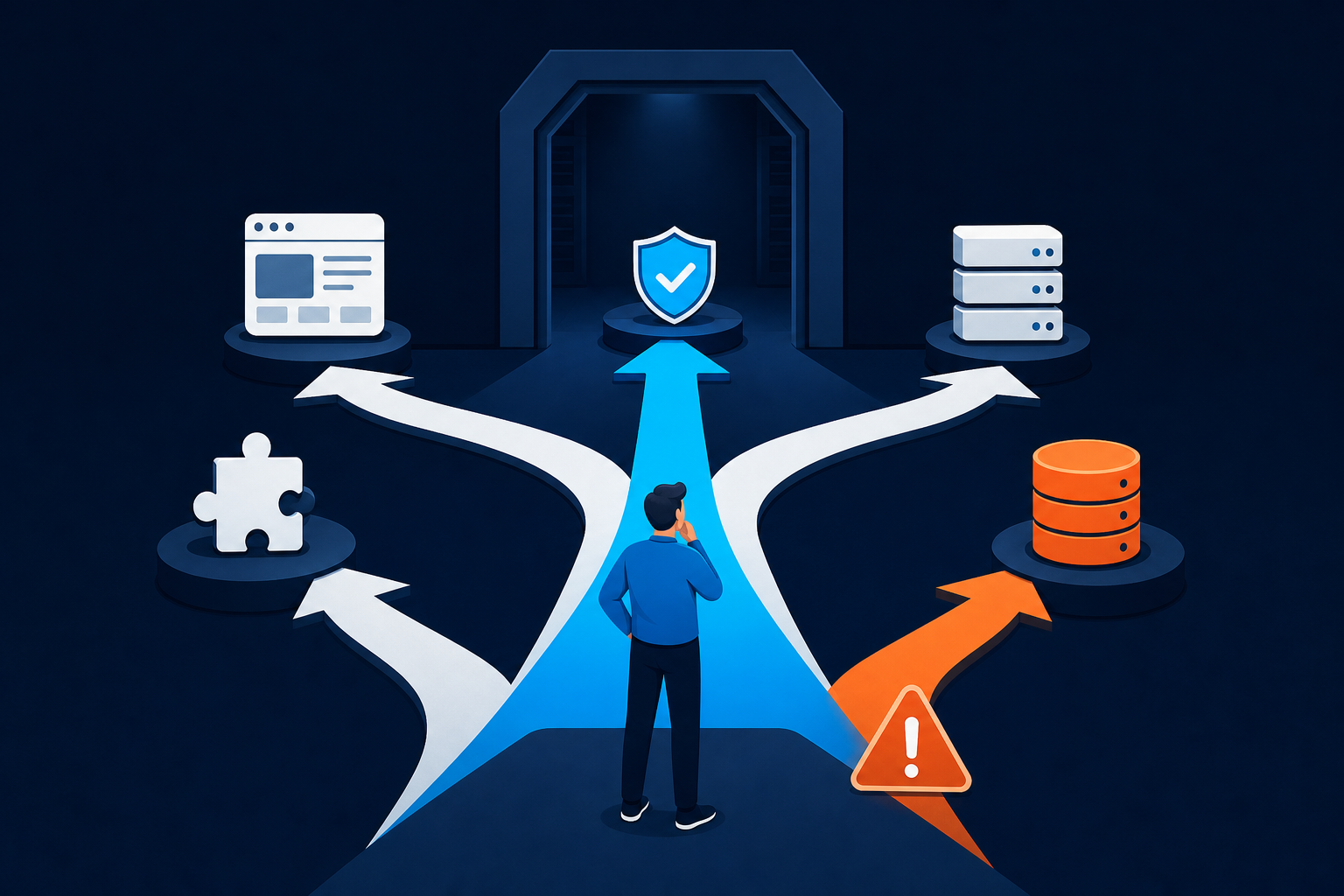 Administrator choosing between browser, security, plugin, server, and database causes of a broken WordPress dashboard